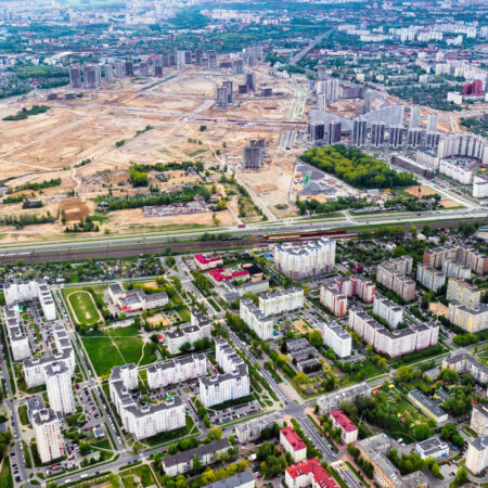 top view of the construction site and the city.The City Of Minsk.Start of new construction of a microdistrict in Minsk.